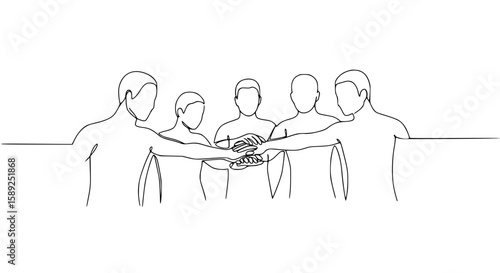Five people connecting hands in unity for single line outline vector peace day  