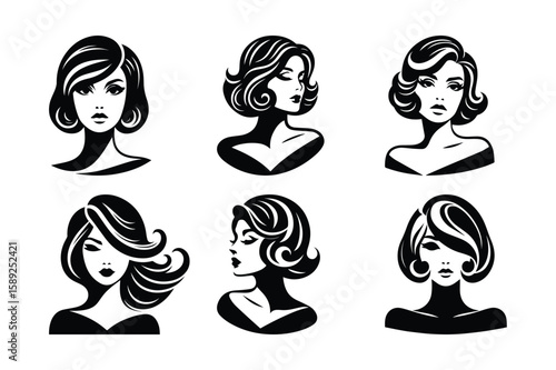 Black and White Vector Illustration of Women with Stylish Bob Hairstyles | Beauty Salon Graphics | Fashion & Hair Design Elements