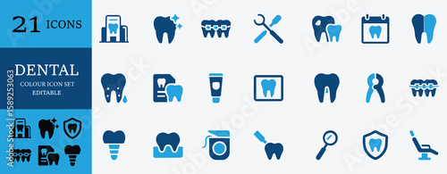 Dental icons with teeth, dentist, braces, hygiene, tools, and treatment elements. Perfect for clinics, oral care, and health designs