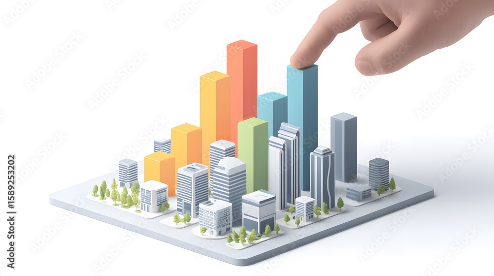 Fototapeta premium Digital isometric skyline with bar graph growth above hand