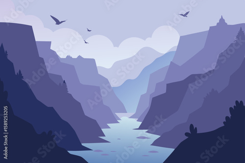 misty river gorge with tall cliffs and flocks 