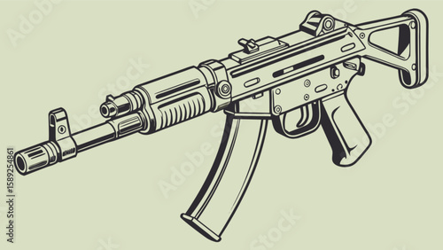 Illustration of a tactical rifle with a magazine, stock, and barrel in black and white outline style