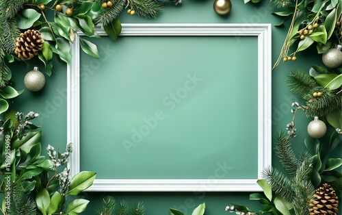 Festive Green Background With White Frame and Holiday Decorations Including P...