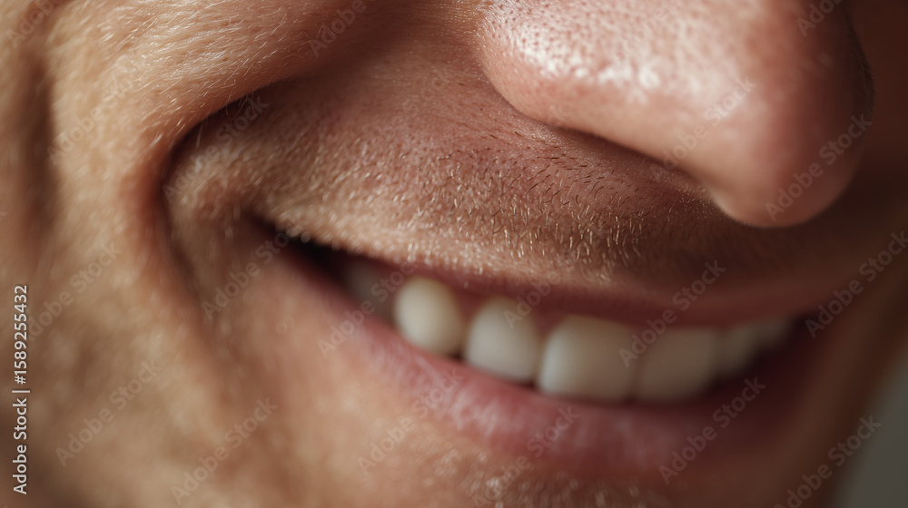 Obraz premium Close-up smile with charming dimples, expressing warmth, joy, and friendliness, perfect for themes of happiness, beauty, and positive emotions in creative projects.