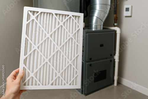 furnace filters. A person holds a clean air filter in front of a residential HVAC furnace system in a utility room.