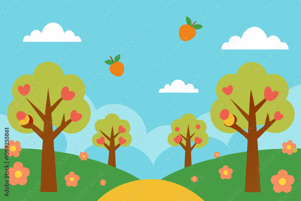 Fototapeta premium peaceful orchard with blooming fruit trees and bee