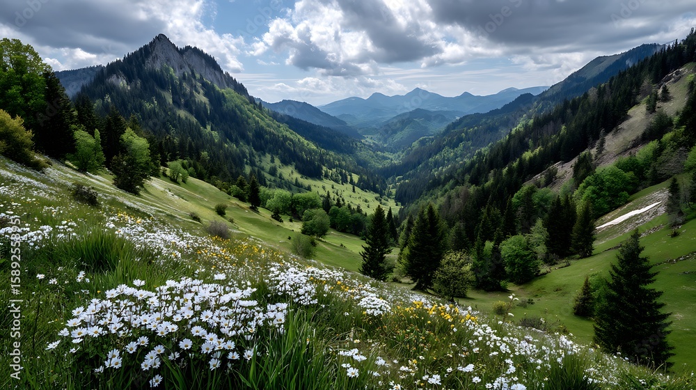 Fototapeta premium An idyllic mountain landscape with fresh green meadows, wildflowers in bloom, and a panoramic view of the countryside in the springtime.