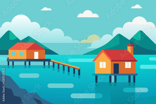 peaceful ocean inlet with wooden piers and small 