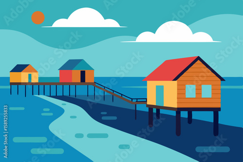 peaceful ocean inlet with wooden piers and small 