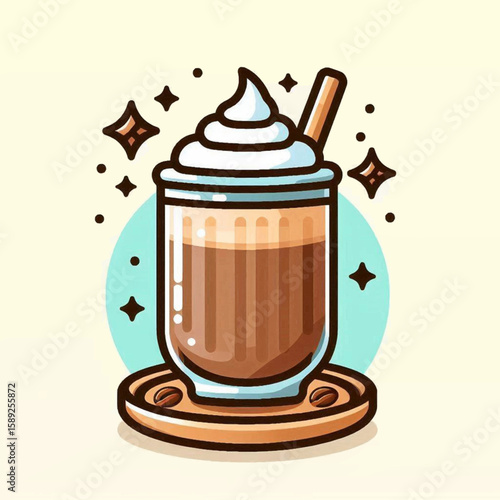 Stylized cartoon depiction of a latte in a glass with whipped cream on a round coaster with coffee beans