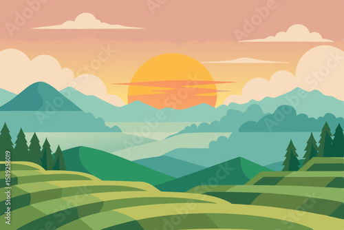 peaceful sunrise over misty rice terraces 