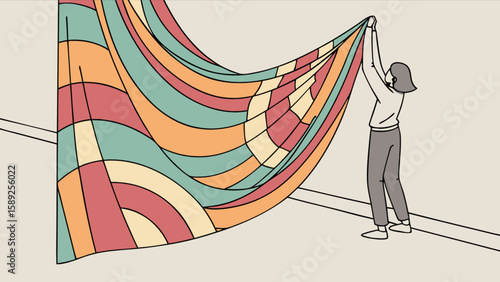 Woman holding up a large colorful patterned textile against a wall in a minimalist illustration style