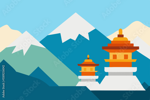 peaceful tibetan landscape with prayer wheels 