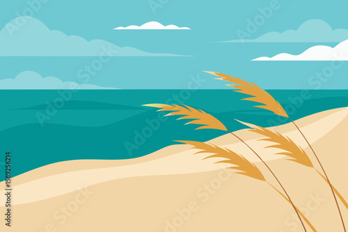 quiet beach with sea oats swaying in the breeze 