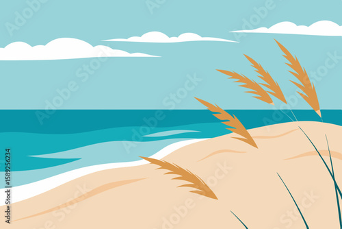 quiet beach with sea oats swaying in the breeze 