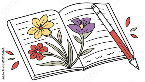 Open notebook with floral drawings and a pen resting on the pages creating a colorful scene of art