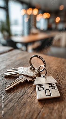 Keys Resting on Wooden Table With House Keychain in Modern Interior Space