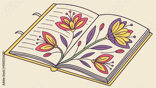 Illustration of an open book with floral design on the pages and yellow cover binding design
