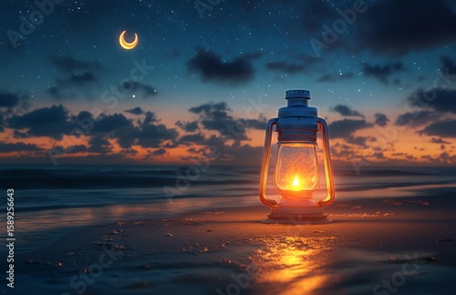 Warm Lantern Illuminates Beach at Twilight Under a Crescent Moon and Starry Sky.