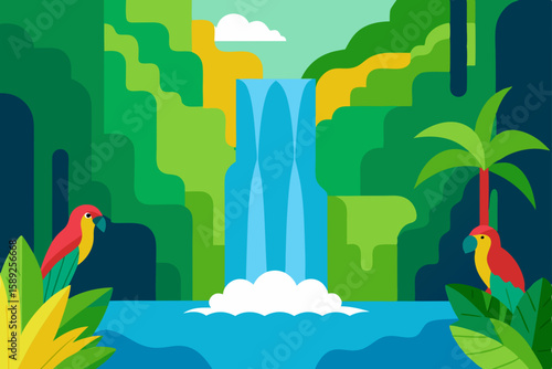 quiet jungle waterfall with vibrant parrots perche