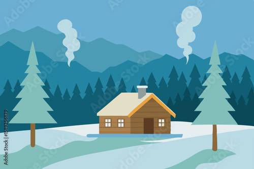 quiet snowy forest with a small log cabin 