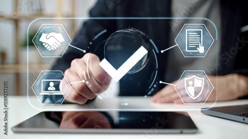 Compliance Check Magnifying Glass Inspecting Digital Tick Mark, Ensuring Agreement Security