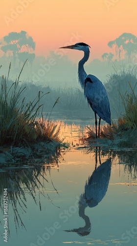 Majestic Heron Stands Tall Amidst Vibrant Wildflowers at Twilight