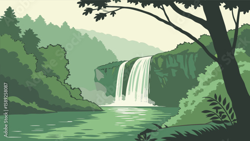 Scenic view of a waterfall cascading into a river surrounded by lush green trees and vegetation