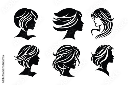 Silhouette Hair Styles: Vector Set of Elegant Woman's Haircuts, Beauty Salon Graphics, Fashionable Hairstyles, Isolated on White