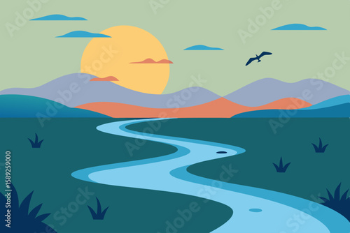 river delta with marshland  birds flying  