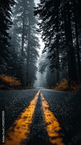 Captivating View of a Misty Road Lined With Trees During Autumn in a Serene W...
