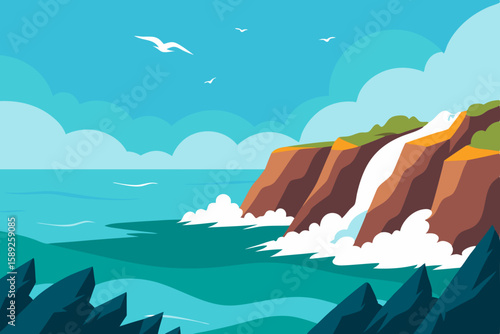 rocky coastline with crashing waves and seagulls  .svg
