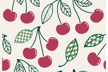 Acrylglasbilder Küchenmuster Cherries and gingham leaves pattern fruit  © Anisa283