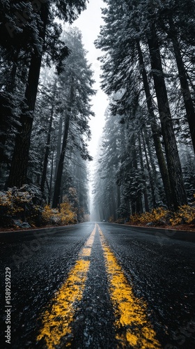 Misty Forest Road Surrounded by Tall Trees on a Gloomy Autumn Day.