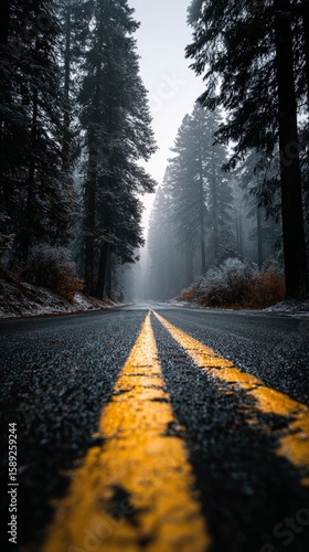 Misty Forest Road Surrounded by Tall Trees on a Gloomy Autumn Day