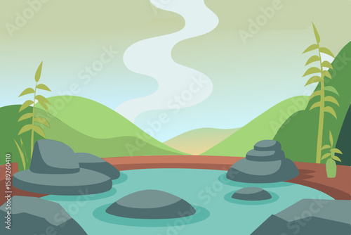 serene hot spring surrounded by stones and bamboo  