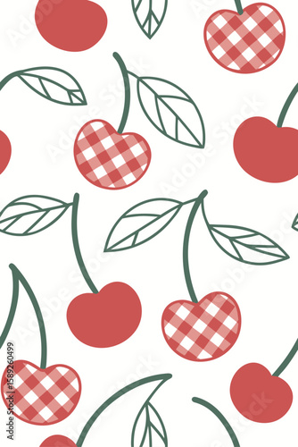 Red cherries with gingham pattern and leaves cherry