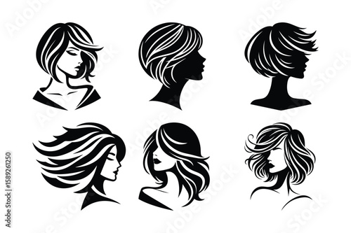 Stylish black and white silhouettes of women showcasing various short and long hairstyles.