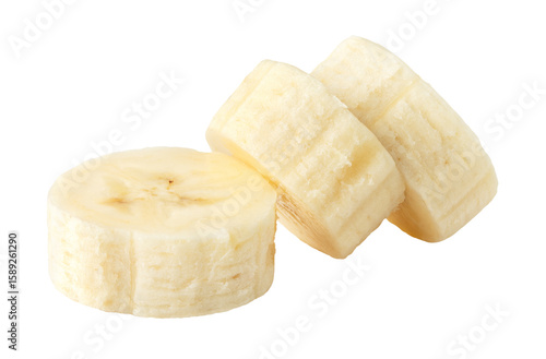 Three slices of banana fruit isolated on white background