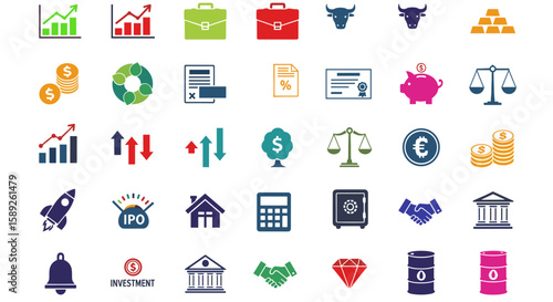 Icon set representing various financial and investment concepts  