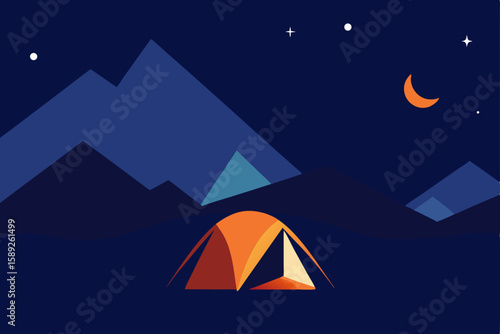 star filled sky over a mountaintop tent with glowi