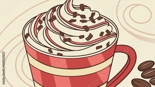 Illustration of a red and cream striped mug filled with whipped cream and chocolate shavings drink art 100