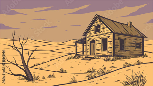 Illustration of a desolate landscape featuring an old wooden house and a bare tree in the foreground