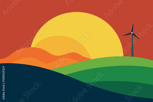 sunset over a grassy hill with a lone wind turbine.svg