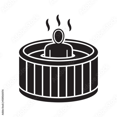 Steam spa jacuzzi with person silhouette inside, wellness hot bath vector illustration 