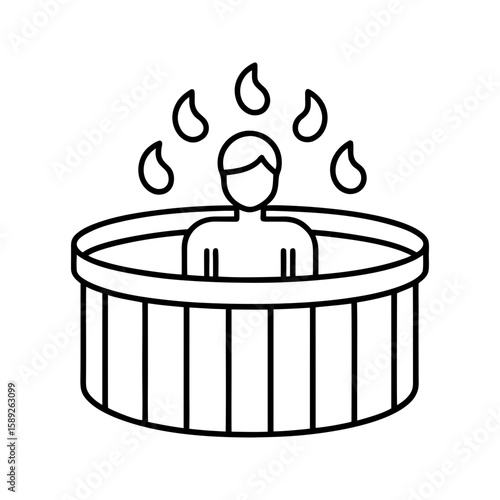 Steam spa hot tub icon with person bathing and heat drops, simple wellness vector illustration 
