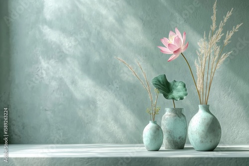 Beautiful Vases With Lotus Flowers and Greenery Arranged on a Simple Table in...