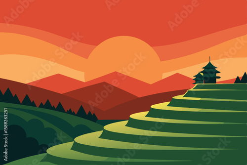 sunset over calm rice terraces in asian countrysid.svg
