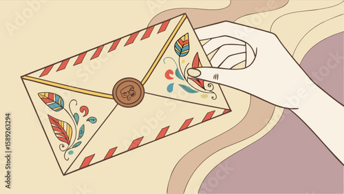 Hand holding a decorated envelope with a wax seal and red and yellow striped border design element