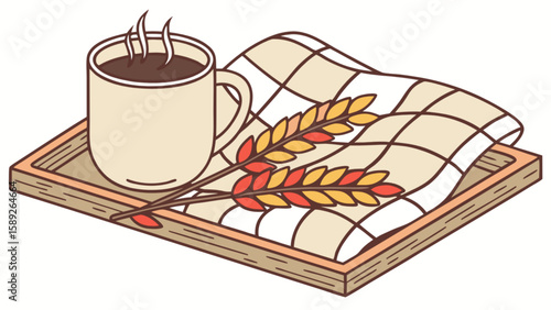 Illustration of a mug of hot beverage with wheat stalks on a tray with checkered cloth artful design